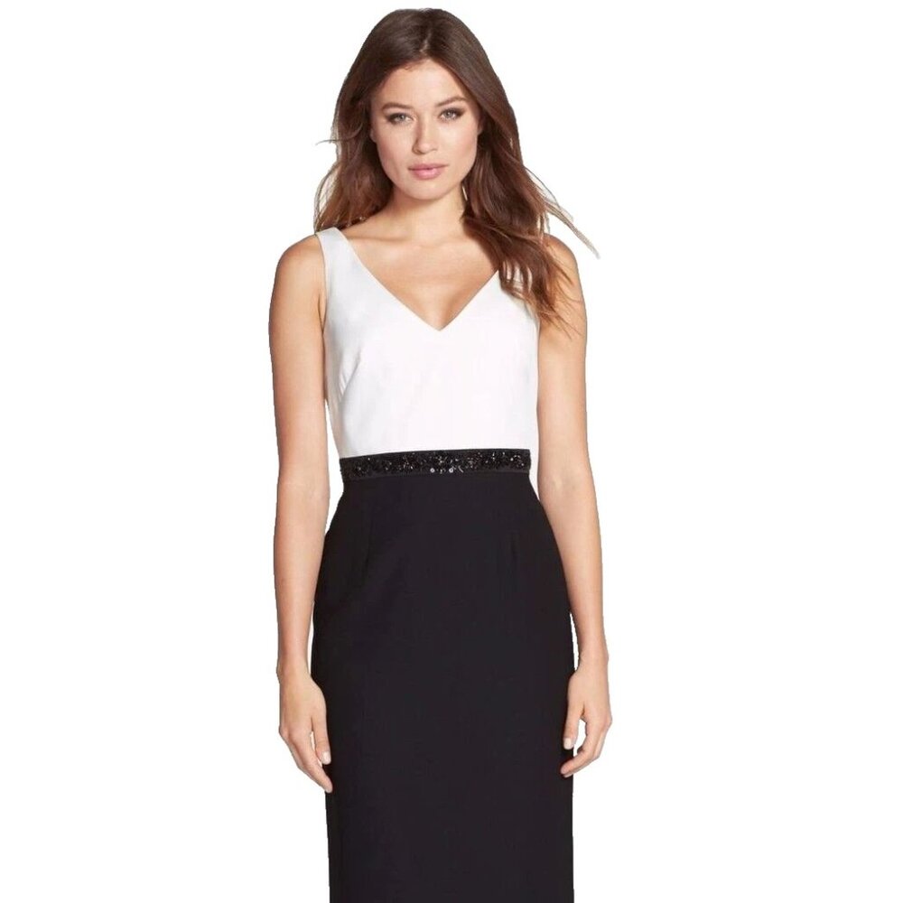 Adrianna Papell White & Black Satin Crepe Colorblock Beaded Formal Gown